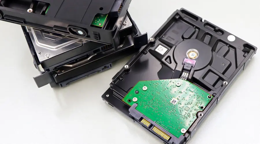 Disassembled hard disk drives used for professional data recovery
