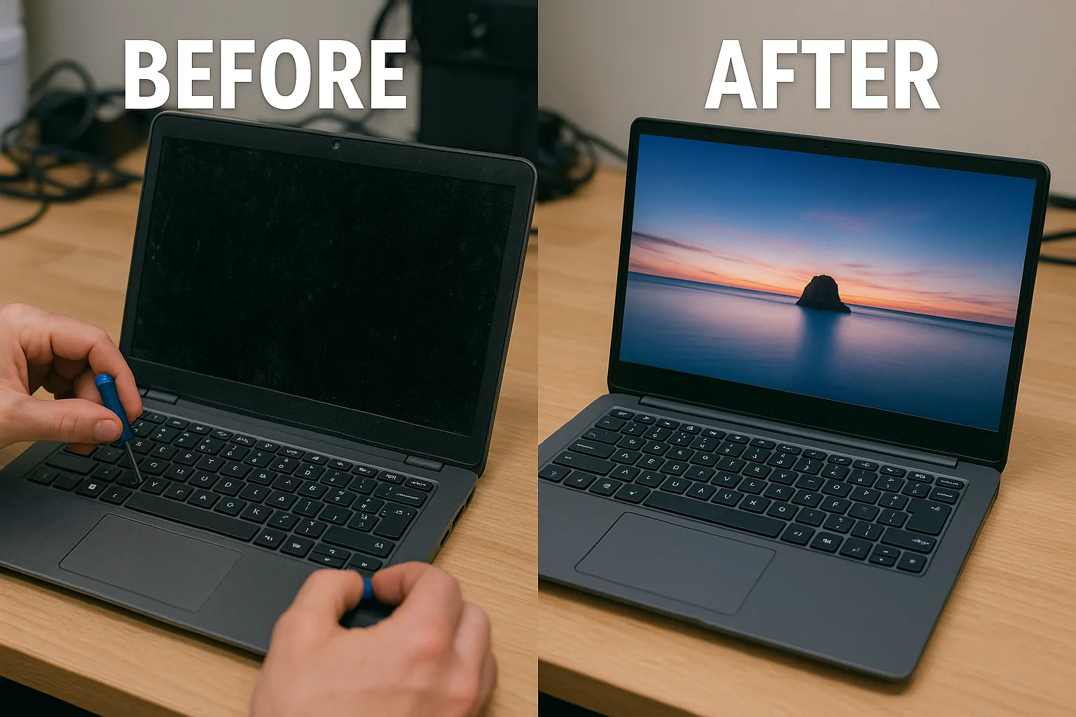 Laptop repair before and after comparison